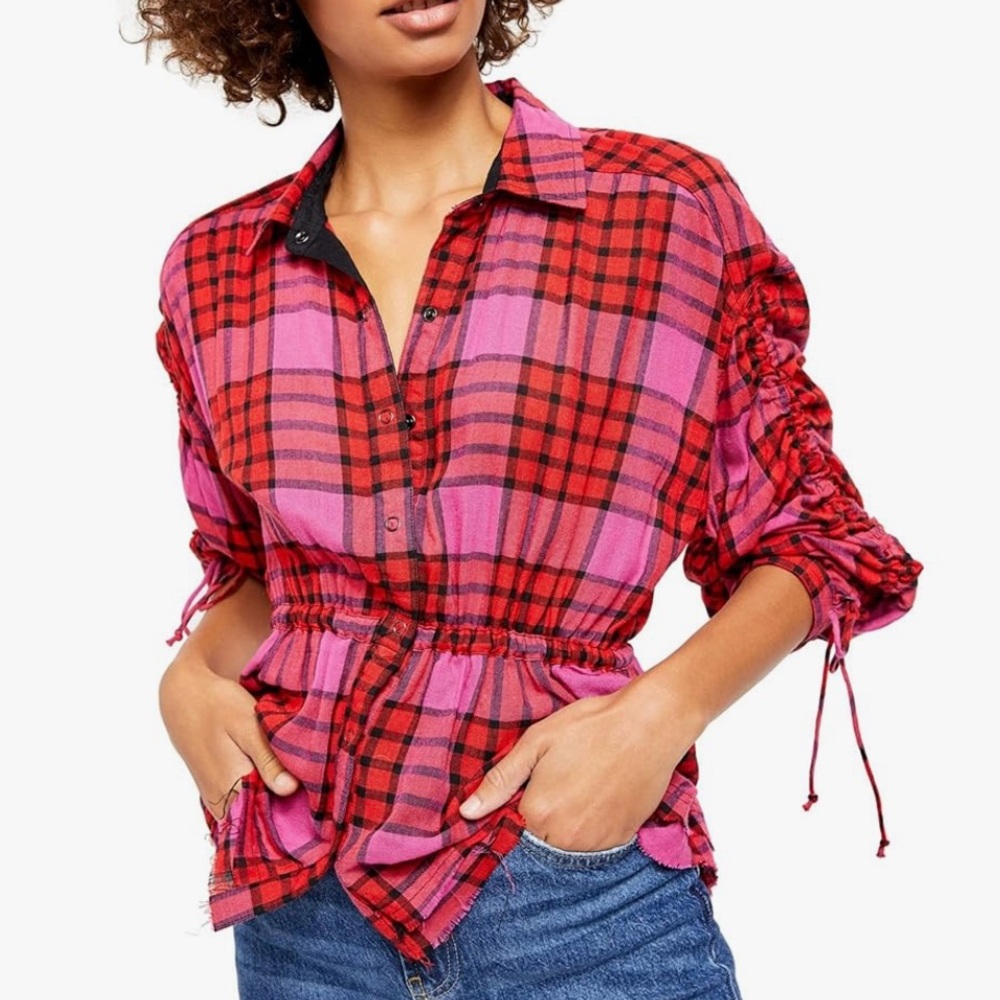 Free People We The Free Plaid Released Trim Button Down Top, Size M